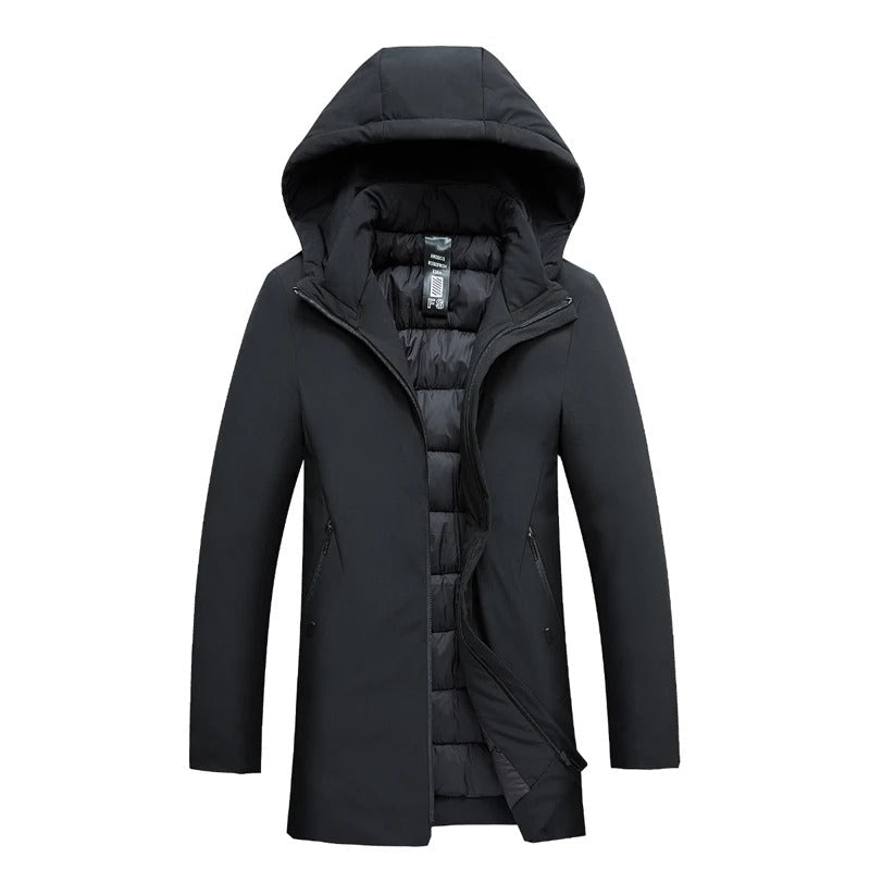 Men's hooded mid-thigh jacket with long sleeves and zip front