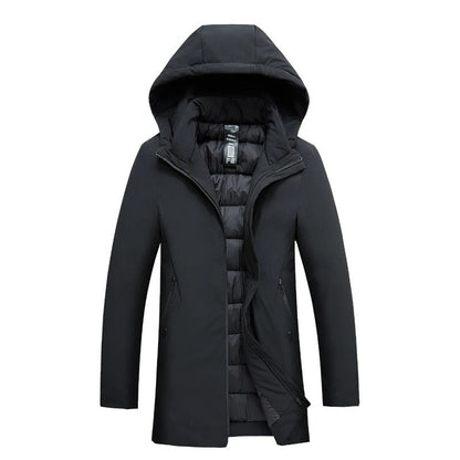 Men's hooded mid-thigh jacket with long sleeves and zip front