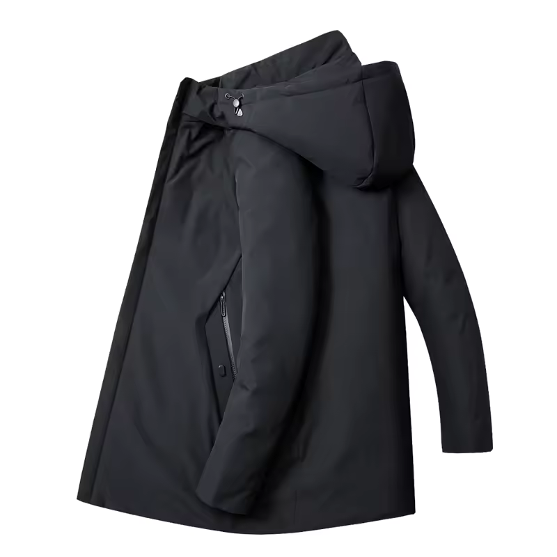 Men's hooded mid-thigh jacket with long sleeves and zip front