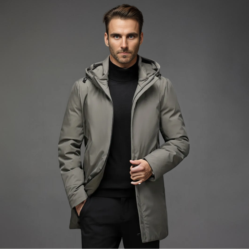Men's hooded mid-thigh jacket with long sleeves and zip front