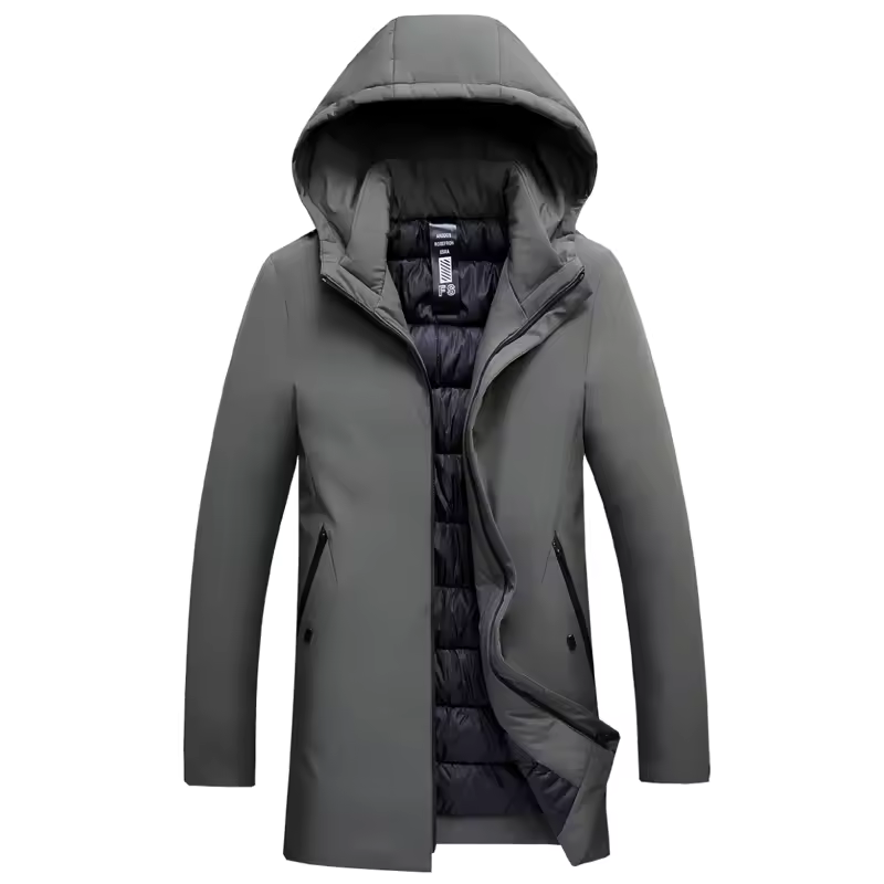 Men's hooded mid-thigh jacket with long sleeves and zip front