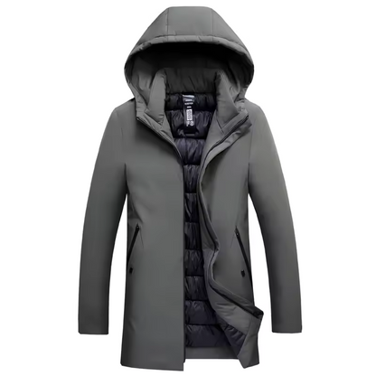 Men's hooded mid-thigh jacket with long sleeves and zip front
