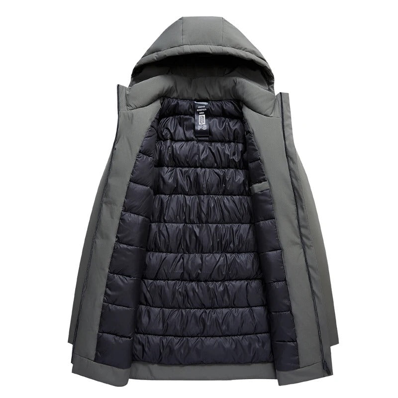 Men's hooded mid-thigh jacket with long sleeves and zip front