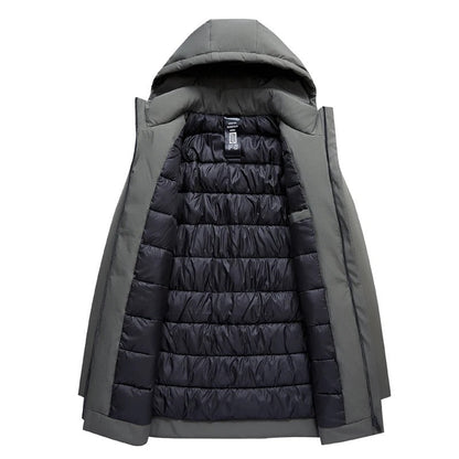 Men's hooded mid-thigh jacket with long sleeves and zip front
