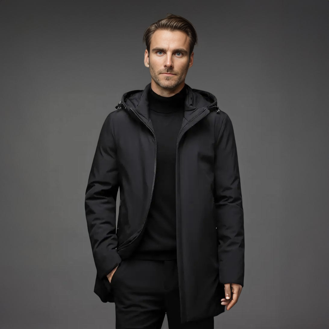 Men's hooded mid-thigh jacket with long sleeves and zip front