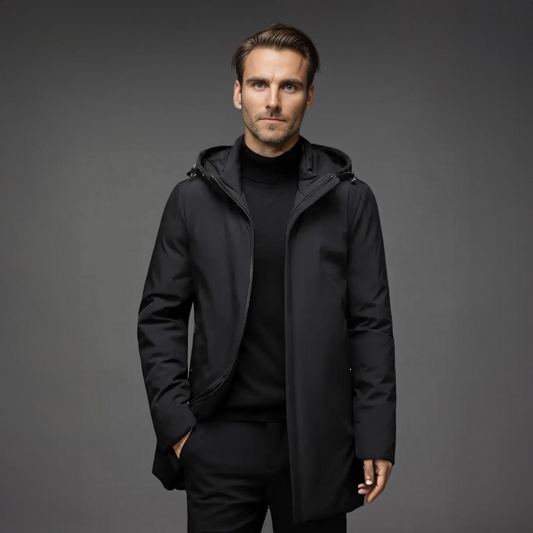 Men's hooded mid-thigh jacket with long sleeves and zip front