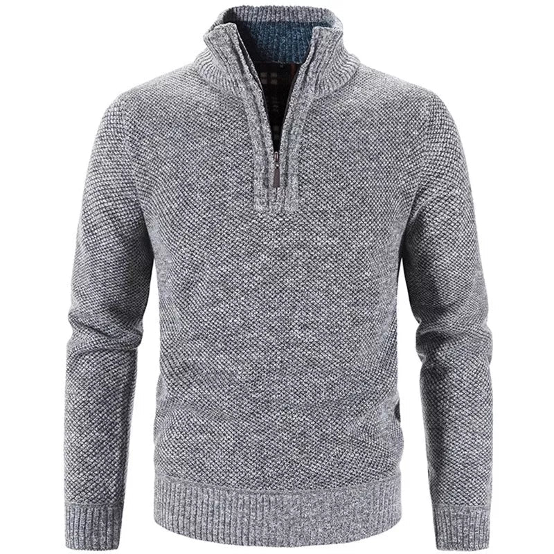 Men's textured knit half-zip sweater with stand collar and long sleeves