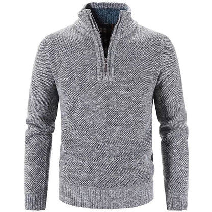 Men's textured knit half-zip sweater with stand collar and long sleeves