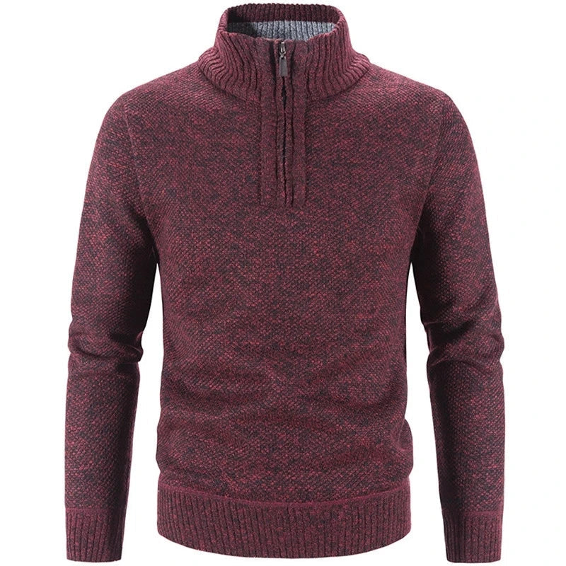 Men's textured knit half-zip sweater with stand collar and long sleeves