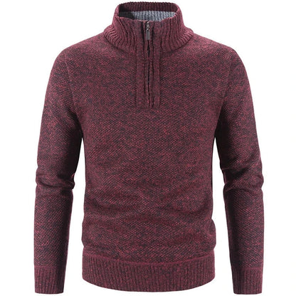 Men's textured knit half-zip sweater with stand collar and long sleeves