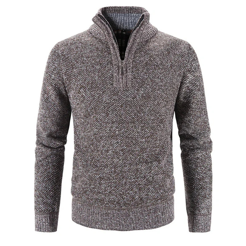 Men's textured knit half-zip sweater with stand collar and long sleeves