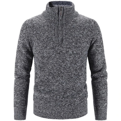 Men's textured knit half-zip sweater with stand collar and long sleeves