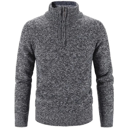 Men's textured knit half-zip sweater with stand collar and long sleeves