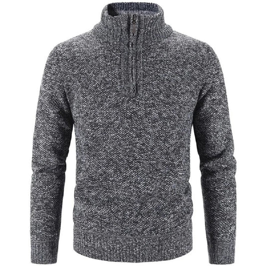 Men's textured knit half-zip sweater with stand collar and long sleeves