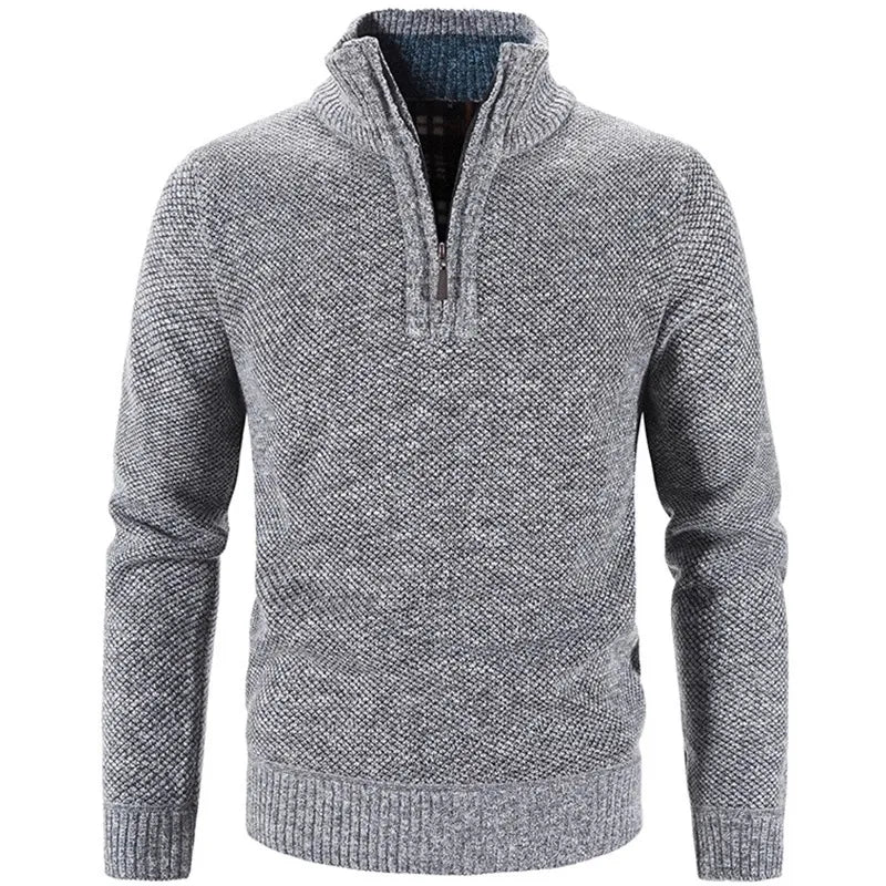 Men's textured knit half-zip sweater with stand collar and long sleeves
