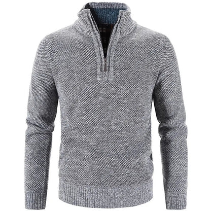 Men's textured knit half-zip sweater with stand collar and long sleeves