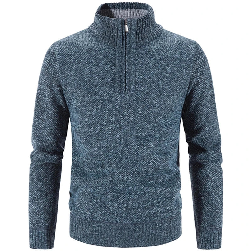 Men's textured knit half-zip sweater with stand collar and long sleeves
