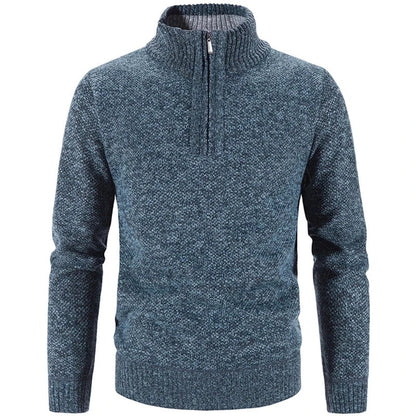 Men's textured knit half-zip sweater with stand collar and long sleeves