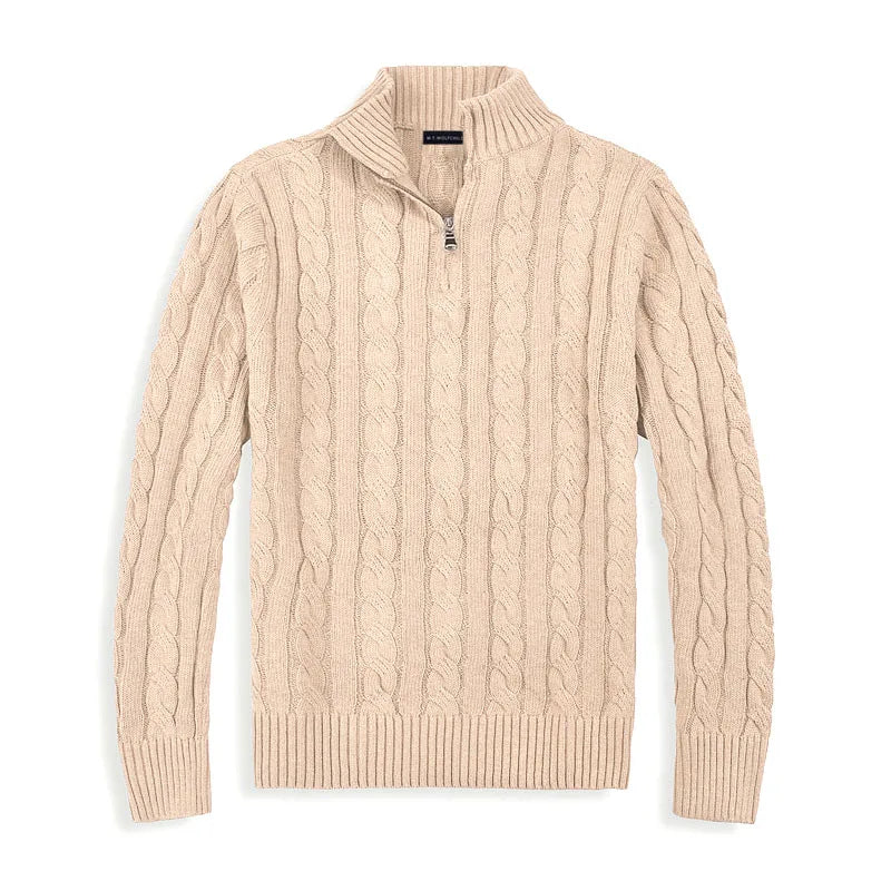 Men's cable knit half-zip sweater with ribbed mock neck and long sleeves