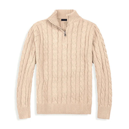 Men's cable knit half-zip sweater with ribbed mock neck and long sleeves