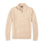 Men's cable knit half-zip sweater with ribbed mock neck and long sleeves