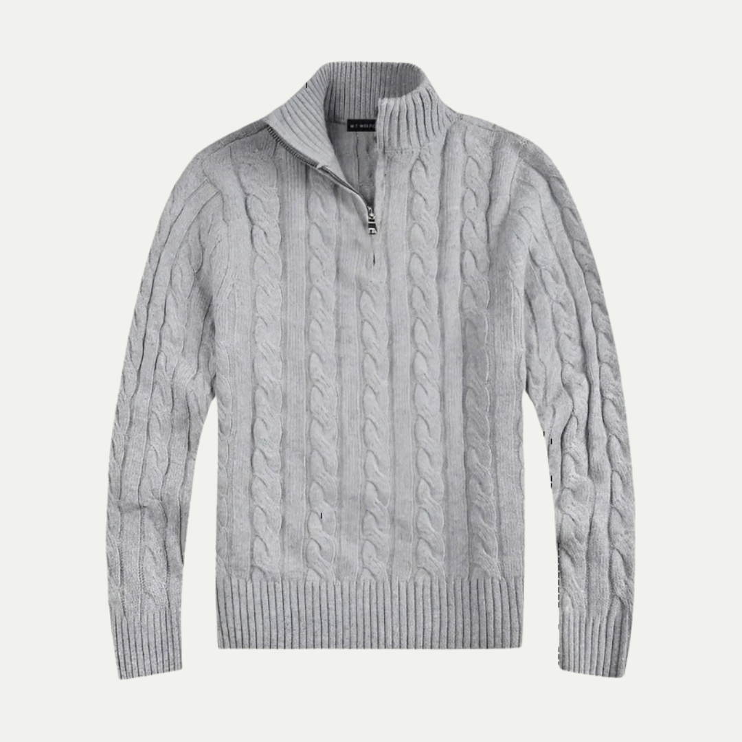 Men's cable knit half-zip sweater with ribbed mock neck and long sleeves