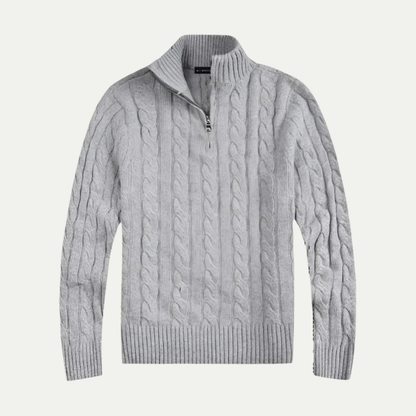 Men's cable knit half-zip sweater with ribbed mock neck and long sleeves