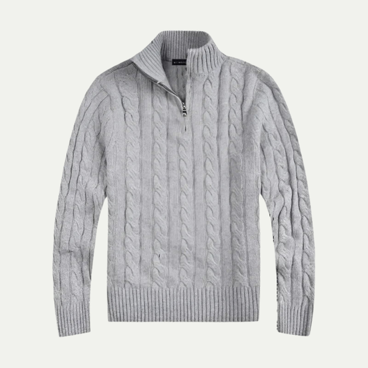 Men's cable knit half-zip sweater with ribbed mock neck and long sleeves