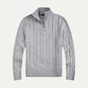 Men's cable knit half-zip sweater with ribbed mock neck and long sleeves