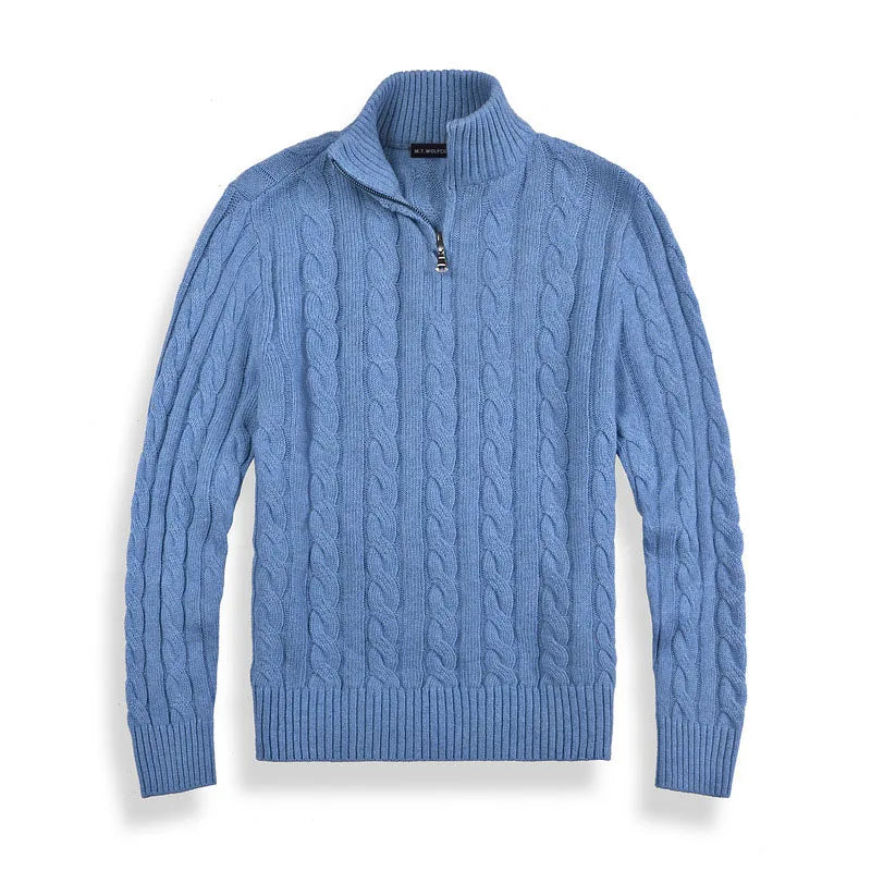 Men's cable knit half-zip sweater with ribbed mock neck and long sleeves