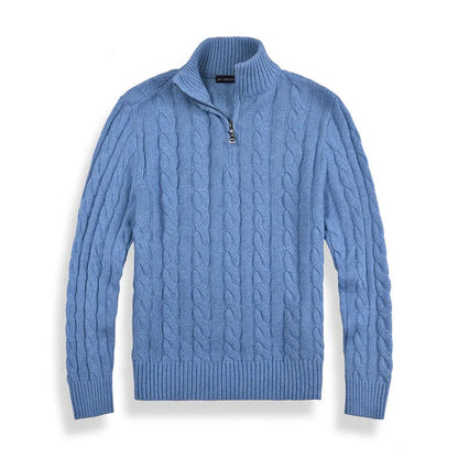Men's cable knit half-zip sweater with ribbed mock neck and long sleeves