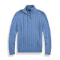 Men's cable knit half-zip sweater with ribbed mock neck and long sleeves