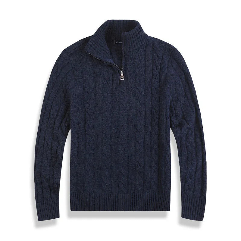 Men's cable knit half-zip sweater with ribbed mock neck and long sleeves
