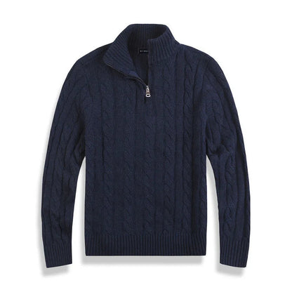 Men's cable knit half-zip sweater with ribbed mock neck and long sleeves