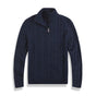 Men's cable knit half-zip sweater with ribbed mock neck and long sleeves