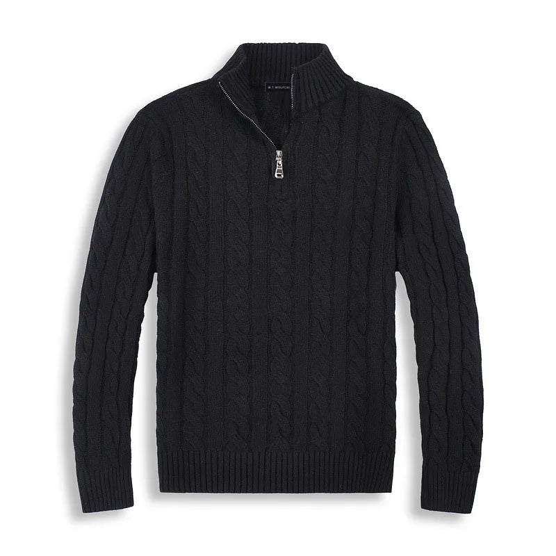Men's cable knit half-zip sweater with ribbed mock neck and long sleeves
