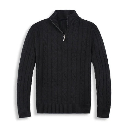 Men's cable knit half-zip sweater with ribbed mock neck and long sleeves