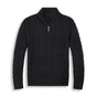 Men's cable knit half-zip sweater with ribbed mock neck and long sleeves
