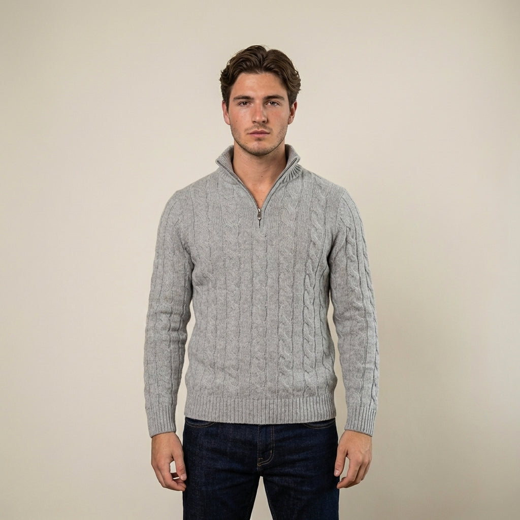 Men's cable knit half-zip sweater with ribbed mock neck and long sleeves