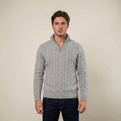 Men's cable knit half-zip sweater with ribbed mock neck and long sleeves