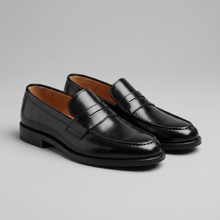 Men's black penny loafers with rounded toes and low heels
