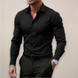 Men's slim fit long sleeve dress shirt with pointed collar and button front