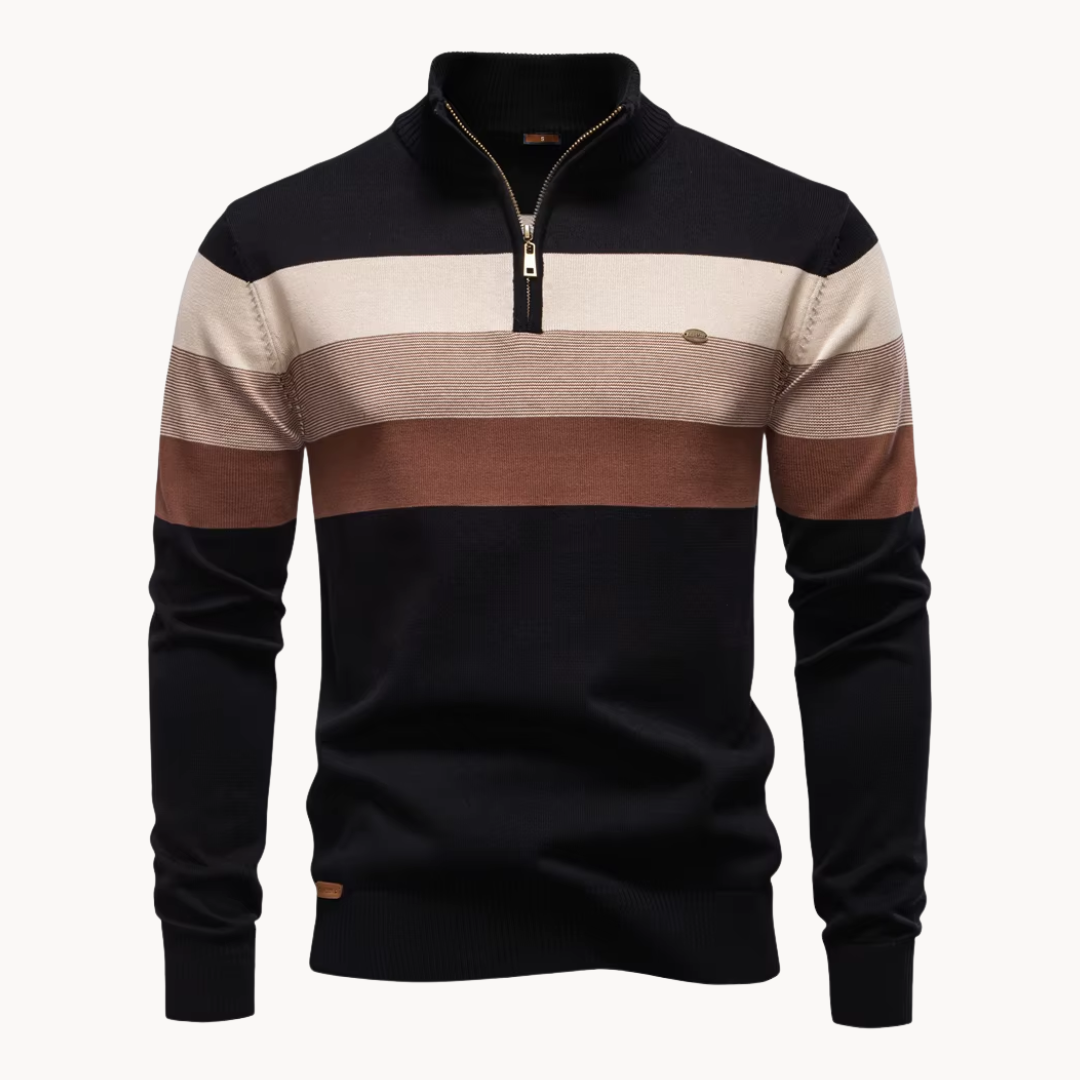 Men's long-sleeve striped quarter-zip sweater with mock neck and ribbed trims