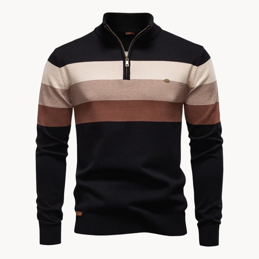 Men's long-sleeve striped quarter-zip sweater with mock neck and ribbed trims