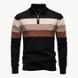 Men's long-sleeve striped quarter-zip sweater with mock neck and ribbed trims