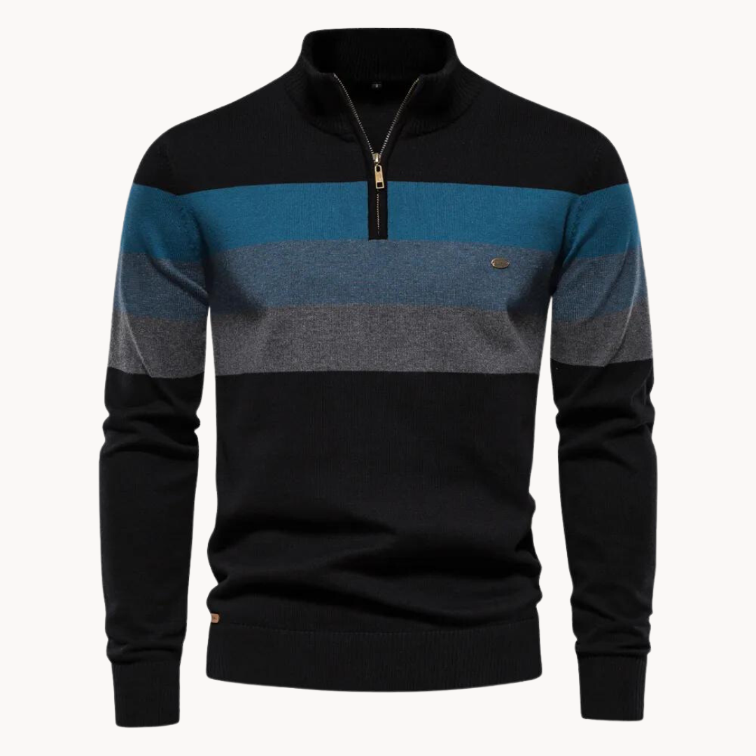 Men's long-sleeve striped quarter-zip sweater with mock neck and ribbed trims