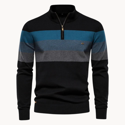 Men's long-sleeve striped quarter-zip sweater with mock neck and ribbed trims