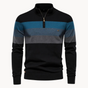 Men's long-sleeve striped quarter-zip sweater with mock neck and ribbed trims
