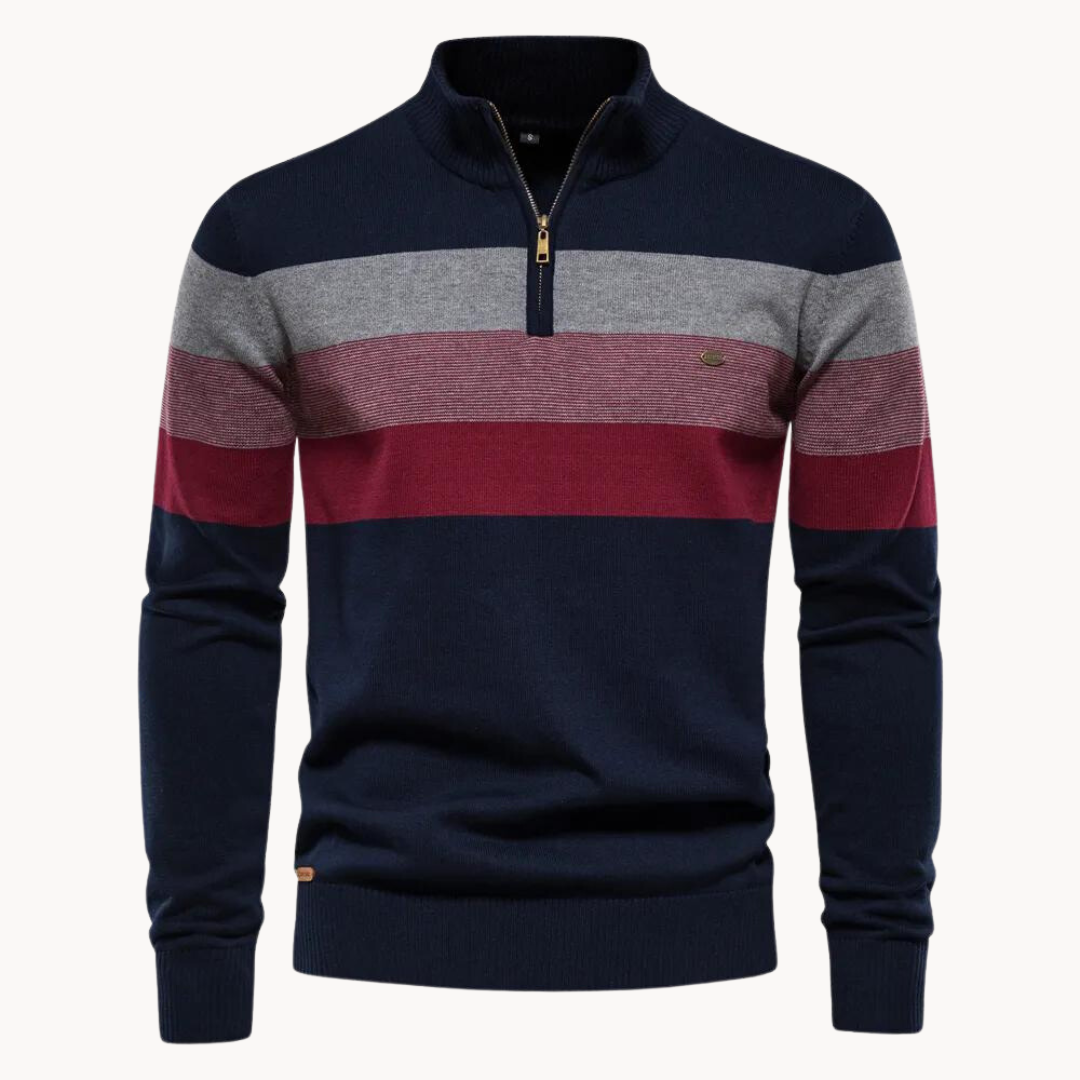Men's long-sleeve striped quarter-zip sweater with mock neck and ribbed trims