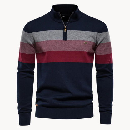 Men's long-sleeve striped quarter-zip sweater with mock neck and ribbed trims